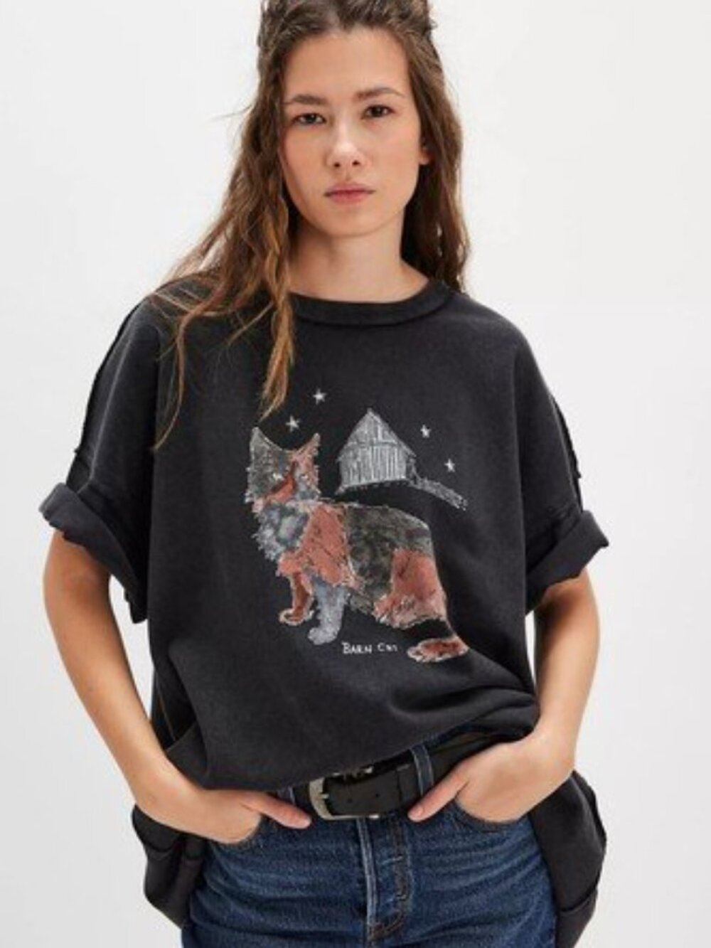 Free People We The Free Farm Friends Tee Tunic Top Printed Oversized L 290449
